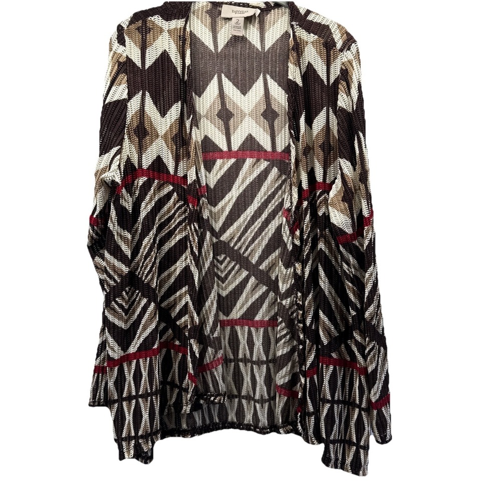 Chicos Easywear Cardigan Jacket Sz Large Brown White Red Stretch Open Weave